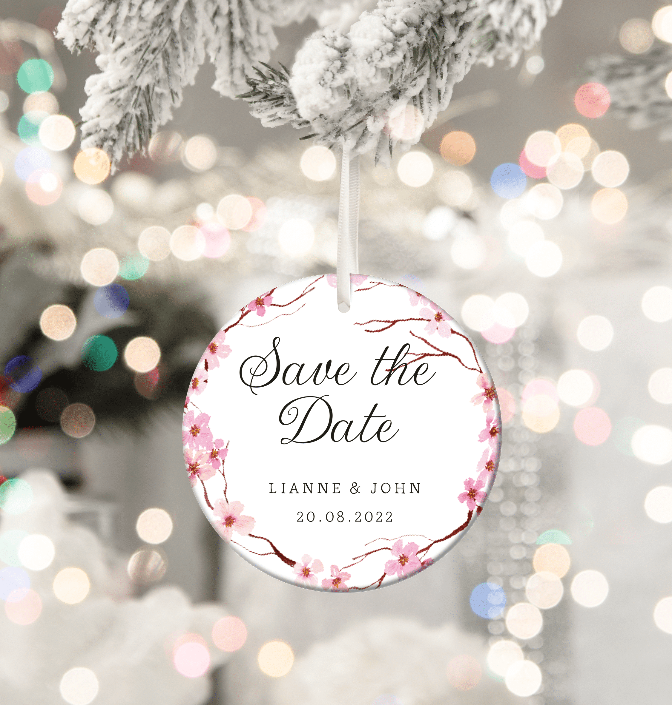 100 x Personalised Save The Date Bauble - Cherry Blossom - Mally's Crafts